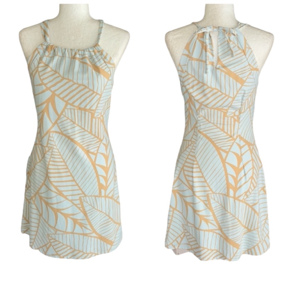J. McLaughlin Maria Blue Beige Leaf Print Tie Neck Cutout Halter Mini Dress - XS